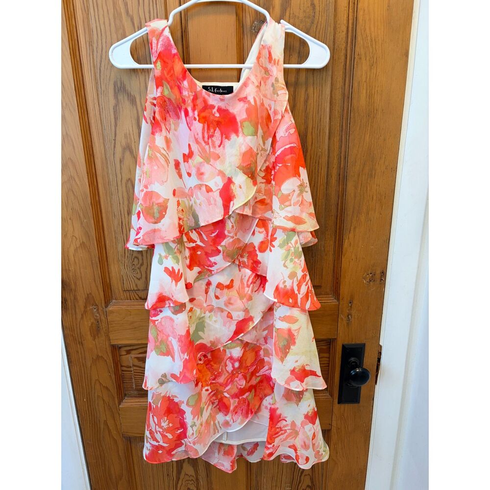S.L. Fashions Tiered Chiffon Floral Dress 8 Coral Ivory Ruffle Midi Cocktail